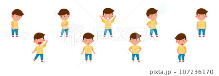 Little Boy Character Showing Face Expression and Emotion with Gesture Vector Set 107236170