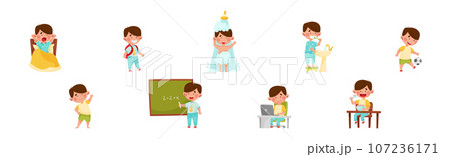 Little Boy Enjoying Different Daily Activity Vector Set 107236171