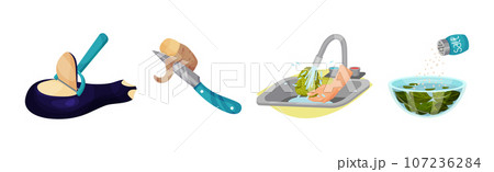 Vegetables Cooking with Water Steeping and Peeling Process Vector Set 107236284