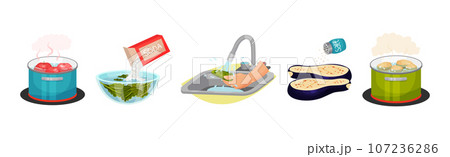 Vegetables Cooking with Water Steeping and Boiling Process Vector Set 107236286
