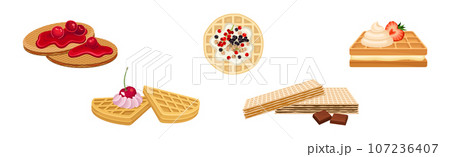 Sweet Waffle Dessert with Cream and Chocolate with Berry Vector Set Sweet Waffle Dessert with Cream and Chocolate with Berry Vector Set 107236407