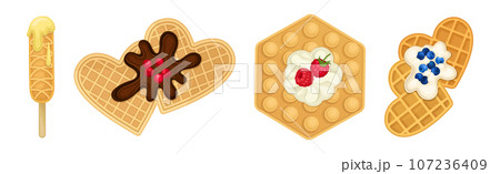 Sweet Waffle Dessert with Cream and Chocolate with Berry Vector Set 107236409