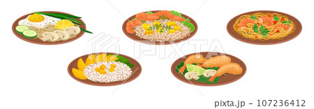 Appetizing Thai Food Served on Plates Vector Set 107236412