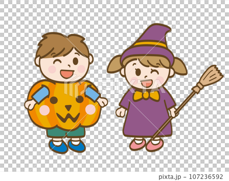 ハロウィンのカボチャと魔女に仮装する男の子と女の子_保育園児の兄妹 107236592