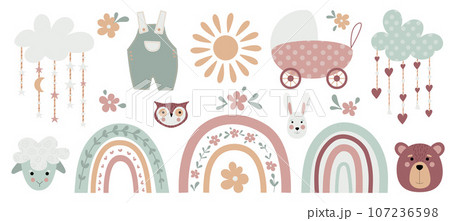 Boho baby rainbow clipart. Boho color rainbow, animals and baby elements for your project. 107236598