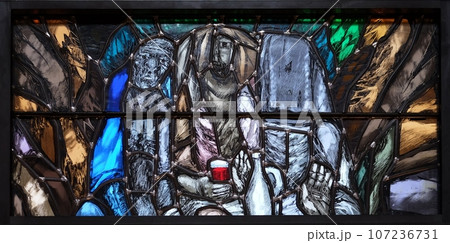 Spirit of God awakens a new life, both dead and alive, detail of stained glass window by Sieger Koder in church of Saint John in Piflas, Germany 107236731