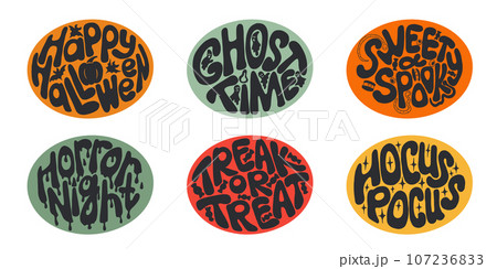 Groovy Halloween set of hand drawn lettering in oval shape. Typographic flat isolated stickers or printouts on colored background. Creepy and spooky slogans. Ideal for t shirt print, decoration Groovy Halloween set of hand drawn lettering in oval shape. Typographic flat isolated stickers or printouts on colored background. Creepy and spooky slogans. Ideal for t shirt print, decoration 107236833