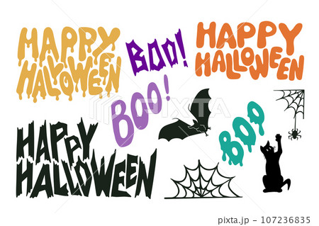 Halloween greetings lettering in bold colors. Set of lettering stickers for holiday decoration. Creepy hand drawn flat design Halloween greetings lettering in bold colors. Set of lettering stickers for holiday decoration. Creepy hand drawn flat design 107236835