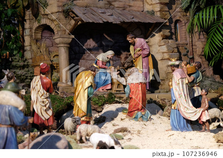 Nativity scene, creche, or crib, birth of Jesus in Cathedral dedicated to Saint Giles in Graz, Styria, Austria Nativity scene, creche, or crib, birth of Jesus in Cathedral dedicated to Saint Giles in Graz, Styria, Austria 107236946