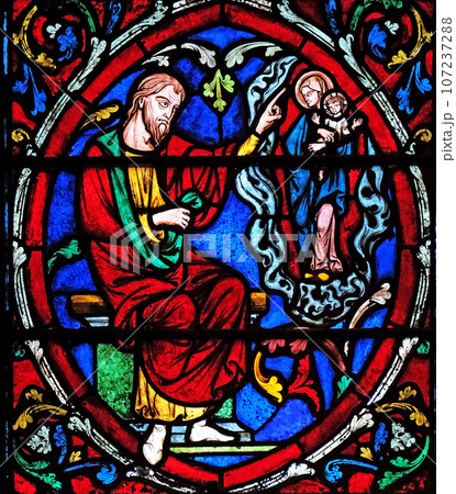 Tree of Jesse, stained glass window in the Notre Dame Cathedral, UNESCO World Heritage Site in Paris, France Tree of Jesse, stained glass window in the Notre Dame Cathedral, UNESCO World Heritage Site in Paris, France 107237288