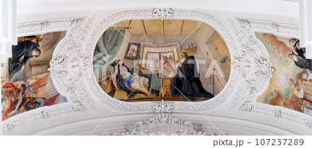 St. Benedict prays for a dead man, fresco by Cosmas Damian Asam in the Basilica of St. Martin and Oswald in Weingarten, Germany St. Benedict prays for a dead man, fresco by Cosmas Damian Asam in the Basilica of St. Martin and Oswald in Weingarten, Germany 107237289