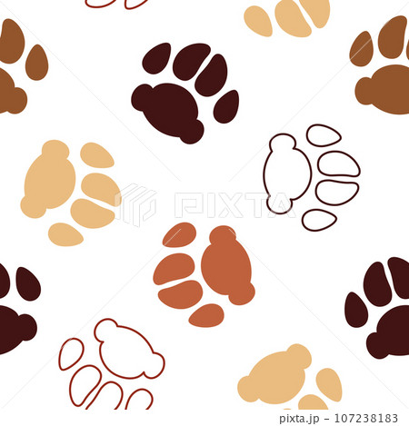 Dog paw prints seamless pattern. Pet brown footprints on white background. Vector illustration. 107238183