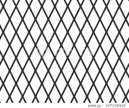 Diagonal cross line grid seamless pattern. Geometric diamond texture. Black diagonal line mesh on white background. Minimal quilted fabric. Metallic wires fence pattern. Vector illustration 107238426