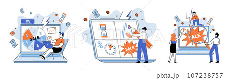Promotion discount sale. Vector illustration. Flash sale online, rocket launch in world of steady e-commerce Sales index, DNA test of market identity Forecast of future sales, blueprint of business 107238757