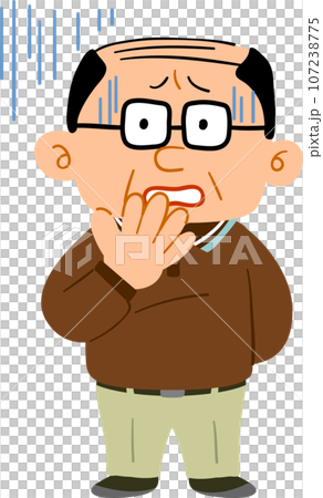 A middle-aged man wearing casual clothes wearing glasses that makes you feel anxious, full body 107238775