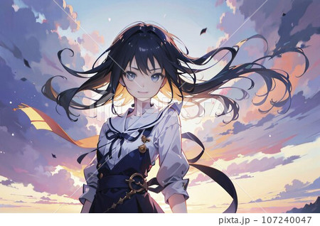 長い髪が風に舞うアニメの少女 107240047