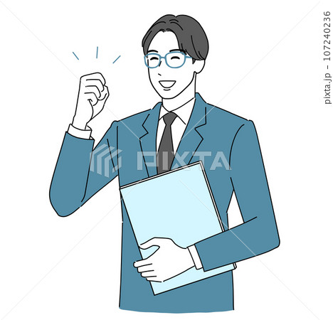笑顔でガッツポーズする若い会社員男性 107240236