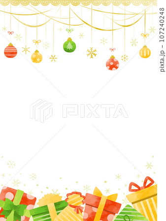 カラフルなクリスマスのオーナメントとプレゼントの背景 カラフルなクリスマスのオーナメントとプレゼントの背景 107240248
