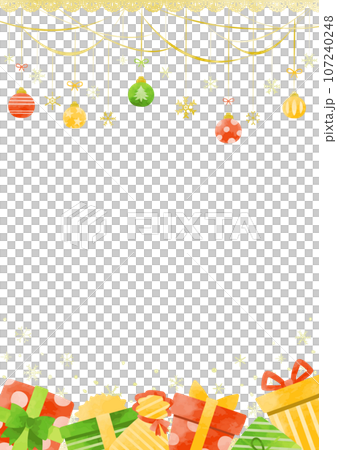 カラフルなクリスマスのオーナメントとプレゼントの背景 カラフルなクリスマスのオーナメントとプレゼントの背景 107240248