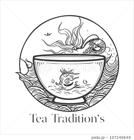 Illustration of Herbal traditional Tea. Tea Cup, tea leaves. Oriental, Chinese tea logo template. Vector Image EPS 10. Flat minimalistic style 107240649