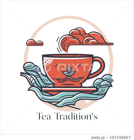 Illustration of Herbal traditional Tea. Tea Cup, tea leaves. Oriental, Chinese tea logo template. Vector Image EPS 10. Flat minimalistic style 107240667