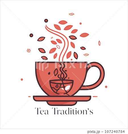 Illustration of Herbal traditional Tea. Tea Cup, tea leaves. Oriental, Chinese tea logo template. Vector Image EPS 10. Flat minimalistic style 107240784