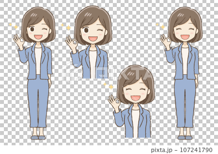 A woman in a pants suit giving an OK sign with her finger A woman in a pants suit giving an OK sign with her finger 107241790