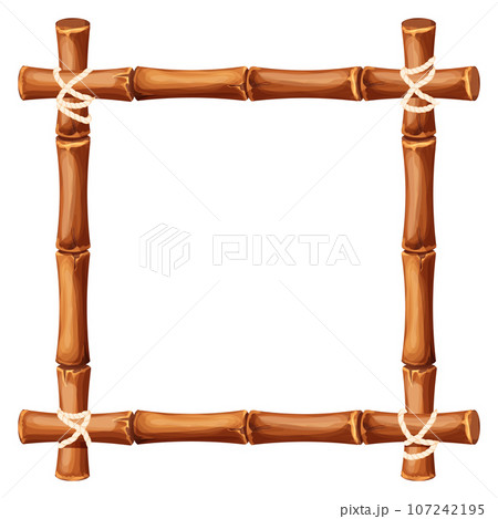 Bamboo frame from sticks and rope in cartoon style, border isolated on white background. Tribal panel, game menu. 107242195