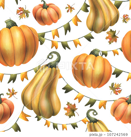 Orange autumn pumpkins with maple leaves and garland flags. Watercolor illustration, hand drawn. Seamless pattern on a white background 107242569