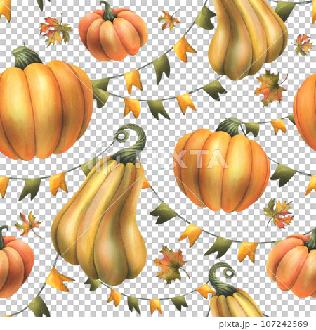 Orange autumn pumpkins with maple leaves and garland flags. Watercolor illustration, hand drawn. Seamless pattern on a white background 107242569