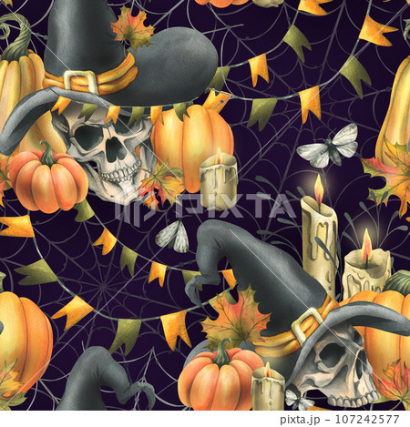 Human skulls in a black witch hat, orange pumpkins, cobwebs, candles and autumn maple leaves. Hand drawn watercolor illustration for Halloween. Seamless pattern on a dark purple background 107242577