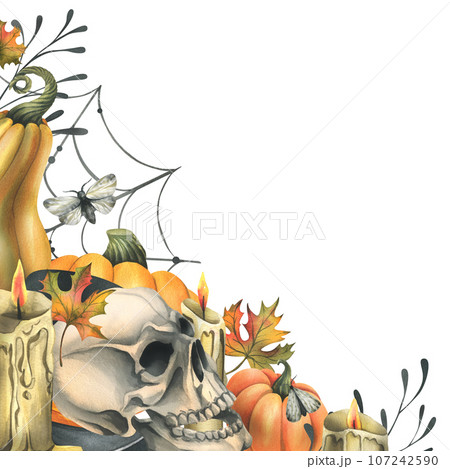 Human skull with orange pumpkins, candles, night moths, cobwebs and autumn leaves. Hand drawn watercolor illustration for Halloween and Day of the Dead. Template on a white background. 107242590