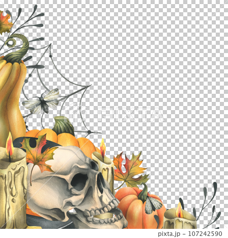 Human skull with orange pumpkins, candles, night moths, cobwebs and autumn leaves. Hand drawn watercolor illustration for Halloween and Day of the Dead. Template on a white background. 107242590