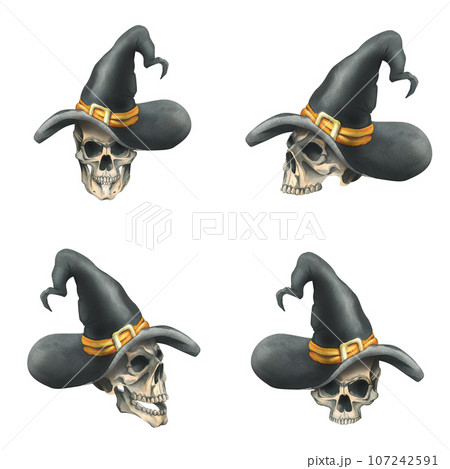 Human skulls in black witch hat with orange ribbon and gold buckle for death day and halloween holiday. Watercolor illustration, hand drawn. Set of isolated elements on a white background 107242591