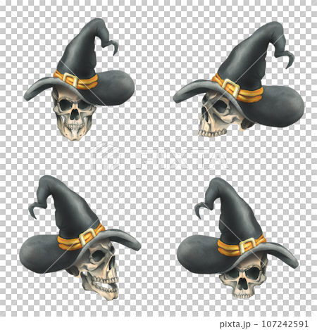 Human skulls in black witch hat with orange ribbon and gold buckle for death day and halloween holiday. Watercolor illustration, hand drawn. Set of isolated elements on a white background 107242591