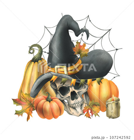 Human skull in a black witch hat with orange pumpkins, cobwebs, candles and autumn maple leaves. Hand drawn watercolor illustration for Halloween. Isolated composition on a white background. 107242592