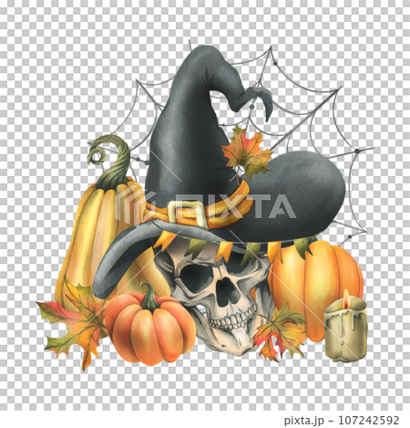 Human skull in a black witch hat with orange pumpkins, cobwebs, candles and autumn maple leaves. Hand drawn watercolor illustration for Halloween. Isolated composition on a white background. 107242592