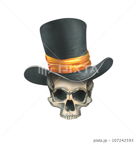 A human skull without a lower jaw in a black top hat with a orange ribbon. Hand drawn watercolor illustration for day of the dead, halloween, Dia de los muertos. Isolated object on a white background 107242593