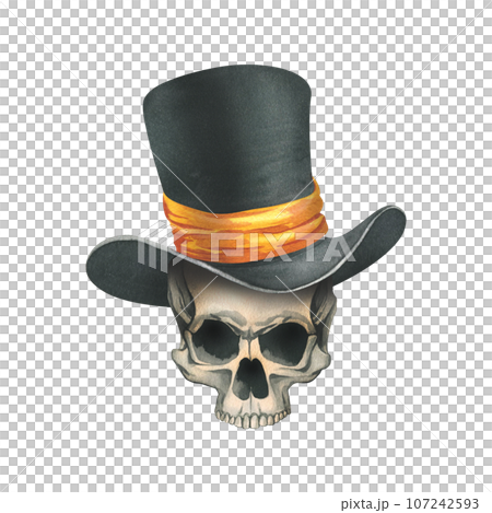 A human skull without a lower jaw in a black top hat with a orange ribbon. Hand drawn watercolor illustration for day of the dead, halloween, Dia de los muertos. Isolated object on a white background 107242593