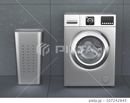 Silver washing machine and laundry hamper Silver washing machine and laundry hamper 107242645