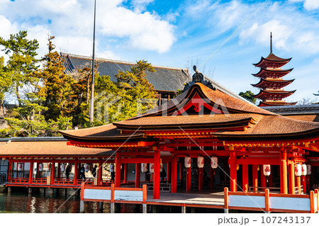 【世界遺産　嚴島神社】【安芸国一宮】晴れた新年の拝殿と千畳閣と五重塔1　広島県廿日市市 107243137
