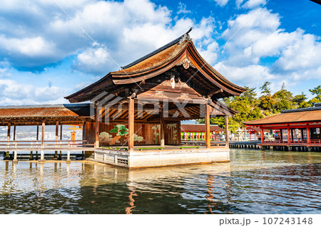 【世界遺産　嚴島神社】【安芸国一宮】晴れた新年の満潮に浮かぶ能舞台1　広島県廿日市市 107243148