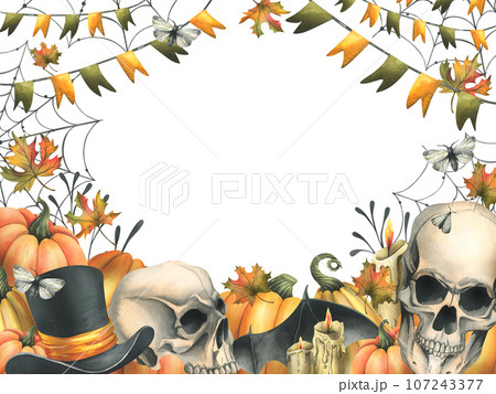 Human skulls with black witch hat, orange pumpkins, cobwebs, candles and autumn maple leaves. Hand drawn watercolor illustration for Halloween. Frame, template on a white background Human skulls with black witch hat, orange pumpkins, cobwebs, candles and autumn maple leaves. Hand drawn watercolor illustration for Halloween. Frame, template on a white background 107243377
