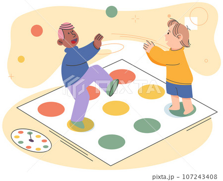 Active floor standing twister game for family. Children, boy and girl, sister and brother, little son and daughter playing in Living Room. Fun and joyful time at home, engaged in funny game playing Active floor standing twister game for family. Children, boy and girl, sister and brother, little son and daughter playing in Living Room. Fun and joyful time at home, engaged in funny game playing 107243408