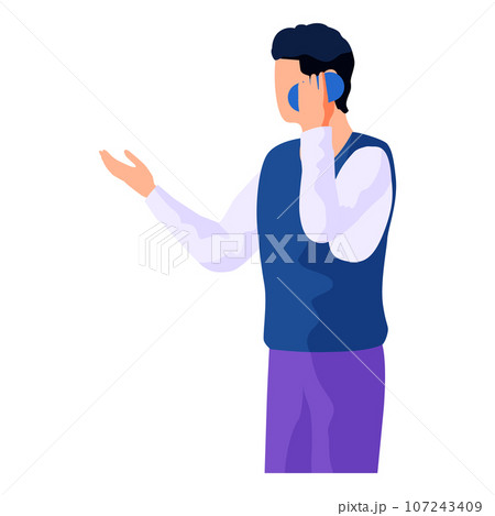 Talking on phone, chatting. Young man standing with smartphone and conducting business negotiations by phone. Businessman listening work conversation. Manager with cellphone isolated person 107243409