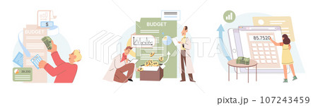 People analysis budget. Calculate financial plan of save income and expense management. Retirement investments, pension fund. Putting coins in purse, income increase planning metaphor. Teamwork People analysis budget. Calculate financial plan of save income and expense management. Retirement investments, pension fund. Putting coins in purse, income increase planning metaphor. Teamwork 107243459
