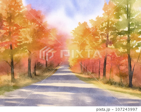 秋の紅葉と並木道の水彩画のイラスト素材 [107243997] - PIXTA