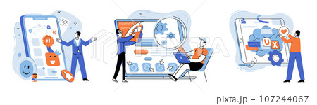 Application testing metaphor. Vector illustration. Software testing, cleaner that sweeps potential bugs off software floor Application testing, safety check ensuring glitch-free user experiences Application testing metaphor. Vector illustration. Software testing, cleaner that sweeps potential bugs off software floor Application testing, safety check ensuring glitch-free user experiences 107244067