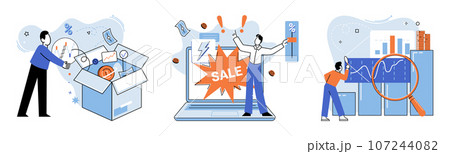 Promotion discount sale. Vector illustration. Flash sale online, sprint in marathon of e-commerce Sales index, seismograph detecting market shifts Forecast of future sales, oracle revealing business 107244082