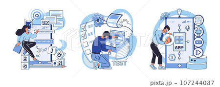 Application testing metaphor. Vector illustration. Software testing, filter that keeps malfunctioning code from entering system Application testing, checkpoint for ensuring user-friendly software 107244087